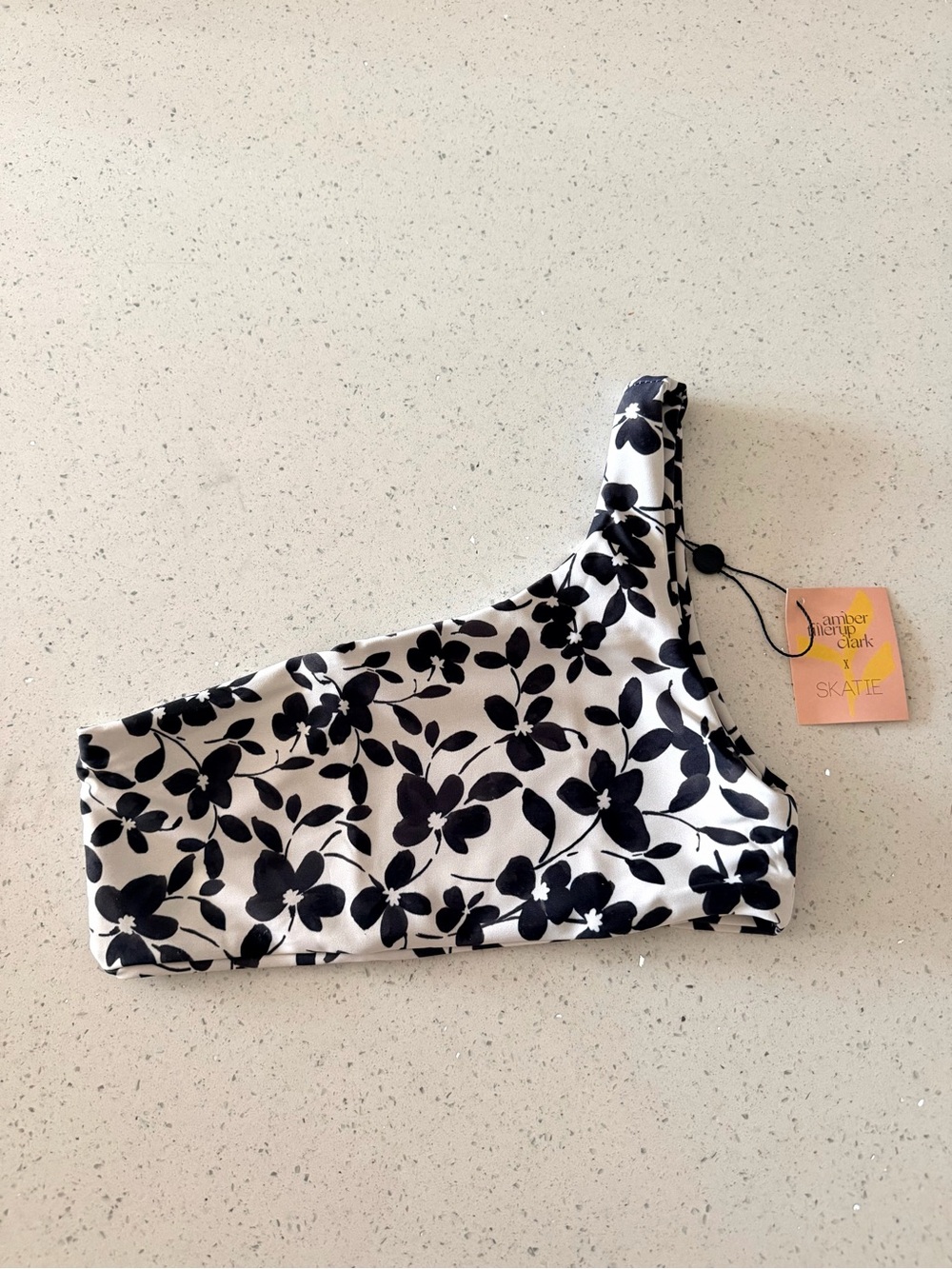 NWT Skatie Ellis One-Shoulder Swim Top in Black & White Floral XS